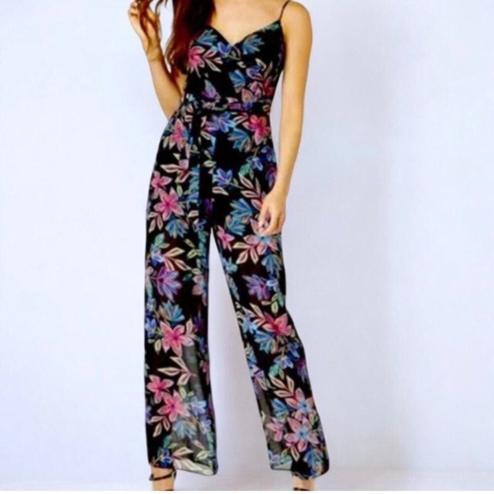 Guess Elena Black floral tropical one piece jumpsuit romper XS extra small 0 2